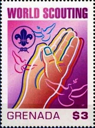 Scout sign and denomination in red violet