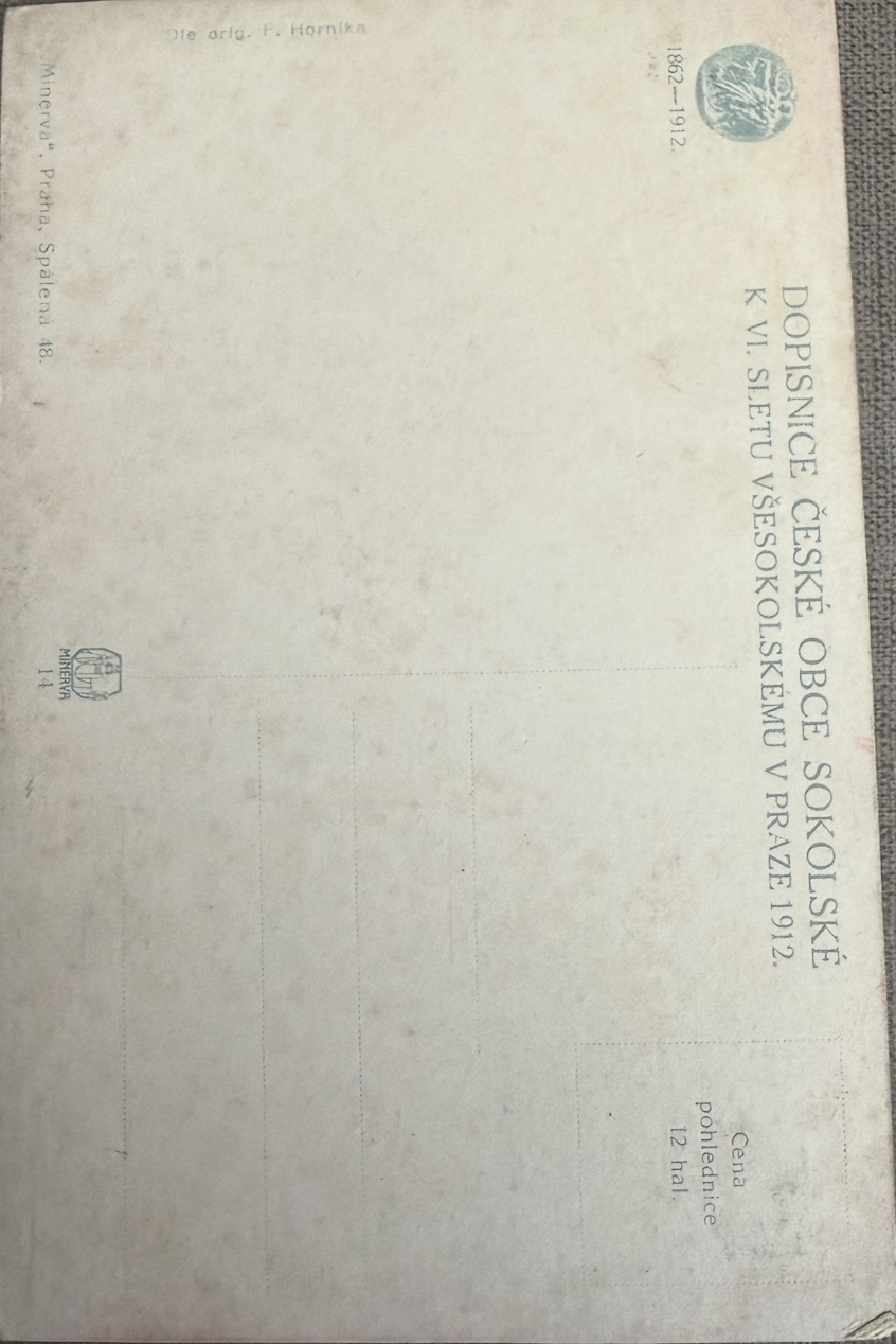 Reverse of the 1912 slet postcard — Dopisnice České obce sokolské, dates 1862–1912, publisher Minerva, Praha, price 12 haléřů