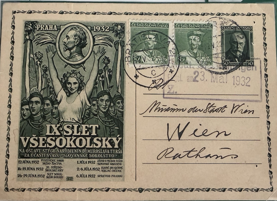 IX. Slet Všesokolský, Prague 1932 — illustrated card to Vienna