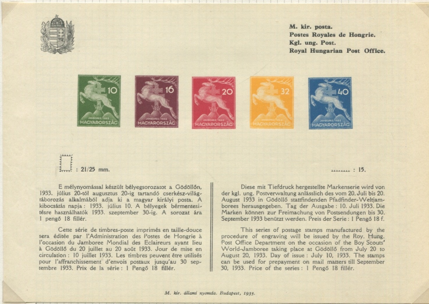 Official Post presentation sheet — full Gödöllő set of five (10–40 fillér)