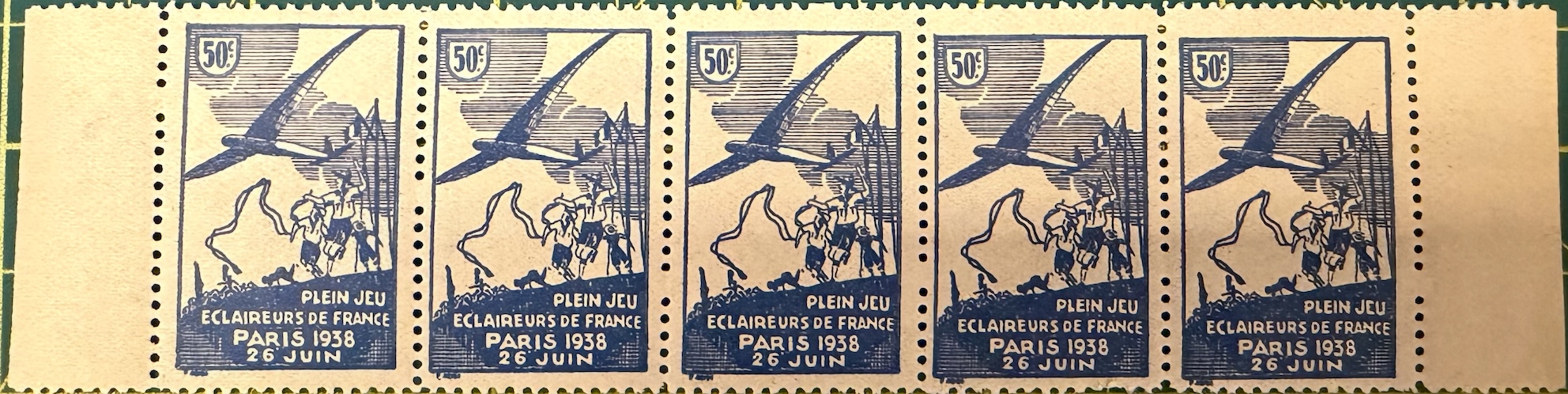 Strip of five of the 50 c blue, with sheet margin