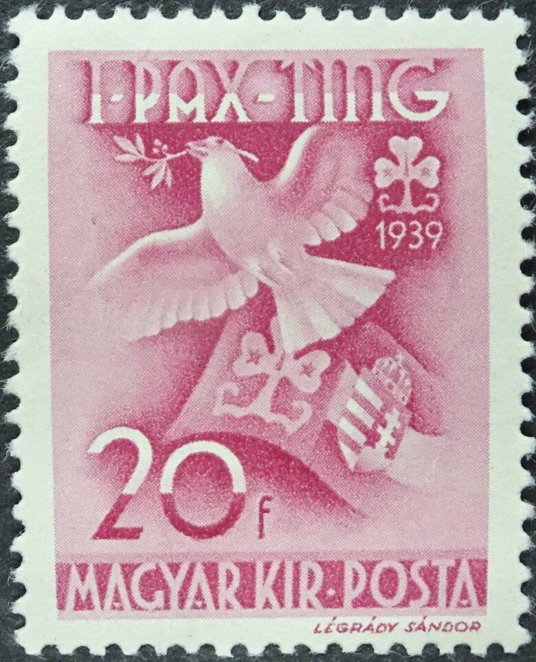 Peace dove and Scout emblems — 20 fillér, perforated