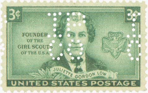 Perfin on Scott US 974 (Girl Scouts / Juliette Gordon Low)