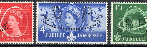 The set of three with a B P perfin — the initials punched through each stamp