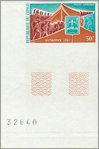 Scouts marching past tent and Jamboree emblem, imperforate