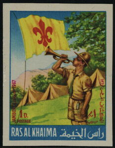 Scout bugler with flag and tents
