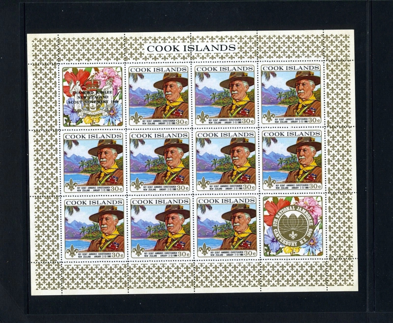 30 c miniature sheet — ten Baden-Powell stamps plus two commemorative labels