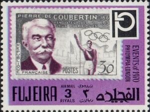 3 r — Pierre de Coubertin (French stamp-on-stamp)