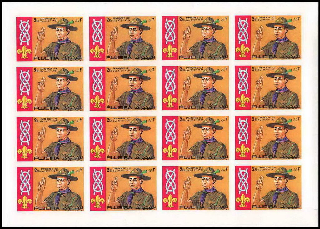 Full pane of 16 × 2 r (Scout salute), imperforate