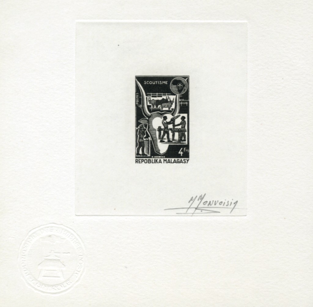 Signed artist die proofs in black — 4, 15, 100 and 300 Fmg, Imprimerie des Timbres-Poste control seal